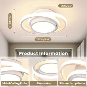 چراغ سقفی LED فلزی ؛ چراغ سقفی مدرن و کم‌ارتفاع (چسبیده به سقف)؛ چراغ LED گرد با طراحی حلقه‌ای و بدنه سفید، مناسب برای اتاق خواب، راهرو و دالان و آشپزخانه و کلوزت روم و حمام با نور سه حالته 