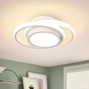 چراغ سقفی LED فلزی ؛ چراغ سقفی مدرن و کم‌ارتفاع (چسبیده به سقف)؛ چراغ LED گرد با طراحی حلقه‌ای و بدنه سفید، مناسب برای اتاق خواب، راهرو و دالان و آشپزخانه و کلوزت روم و حمام با نور سه حالته 